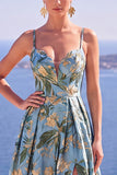 Blue A-Line Floral Printed Long Formal Dress with Slit