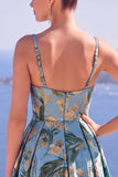 Blue A-Line Floral Printed Long Formal Dress with Slit