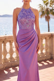 Halter Neck Purple Satin Sequins Floral Embroidery Ruched Mermaid Long Formal Dress