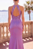 Halter Neck Purple Satin Sequins Floral Embroidery Ruched Mermaid Long Formal Dress
