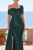 Sparkly Dark Green Asymmetrical Off the Shoulder Sequins Ruched Mermaid Long Formal Dress with Sash