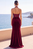Burgundy Velvet Halter Neck Sequins Ruched Mermaid Long Formal Dress with Side Slit