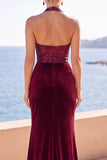 Burgundy Velvet Halter Neck Sequins Ruched Mermaid Long Formal Dress with Side Slit