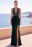 Burgundy Velvet Halter Neck Sequins Ruched Mermaid Long Formal Dress with Side Slit