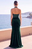 Burgundy Velvet Halter Neck Sequins Ruched Mermaid Long Formal Dress with Side Slit