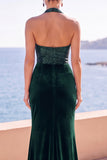 Burgundy Velvet Halter Neck Sequins Ruched Mermaid Long Formal Dress with Side Slit