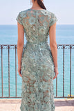 Grey Green 3D Appliques Sheer Rhinestone Pearls Sheath Long Formal Dress with Slit