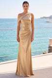 Metallic Golden One Shoulder Ruched Long Mermaid Formal Dress