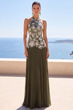 Olive Pleated Halter Neck Sheath Long Formal Dress with 3D Floral Appliques