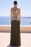 Olive Pleated Halter Neck Sheath Long Formal Dress with 3D Floral Appliques