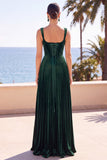Dark Green Velvet Corset Pleated Thick straps A-Line Long Formal Dress