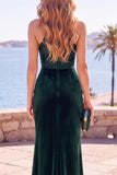 Burgundy Velvet Sequins Halter Neck Ruched Sheath Long Formal Dress with Slit