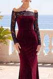 Burgundy Off the Shoulder Lace Velvet Long Sleeves Mermaid Long Formal Dress