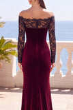 Burgundy Off the Shoulder Lace Velvet Long Sleeves Mermaid Long Formal Dress