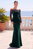 Burgundy Off the Shoulder Lace Velvet Long Sleeves Mermaid Long Formal Dress