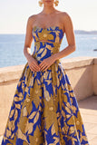 Blue Yellow Flower Printed Cut Out A-Line Rucehd Strapless Long Formal Dress
