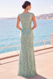 Grey Green Bateau Neck Sequins Beaded Sheath Long Formal Dress with Slit