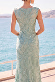 Grey Green Bateau Neck Sequins Beaded Sheath Long Formal Dress with Slit