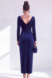 Dark Green Bodycon Velvet V-Neck Long Sleeves Mother of the Bride Dress with Slit