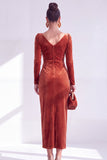 Dark Green Bodycon Velvet V-Neck Long Sleeves Mother of the Bride Dress with Slit