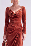 Dark Green Bodycon Velvet V-Neck Long Sleeves Mother of the Bride Dress with Slit