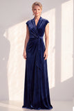 Dark Blue Velvet A-Line V-Neck Ruched Long Mother Of The Bride Dress