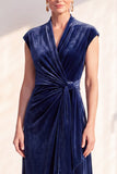Dark Blue Velvet A-Line V-Neck Ruched Long Mother Of The Bride Dress
