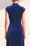 Dark Blue Velvet A-Line V-Neck Ruched Long Mother Of The Bride Dress