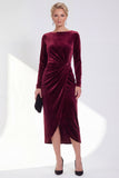 Navy Sheath Velvet Ruched Bateau Neck Mother Of The Bride Dress