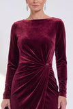 Navy Sheath Velvet Ruched Bateau Neck Mother Of The Bride Dress