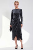 Navy Sheath Velvet Ruched Bateau Neck Mother Of The Bride Dress