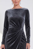 Navy Sheath Velvet Ruched Bateau Neck Mother Of The Bride Dress