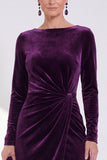 Navy Sheath Velvet Ruched Bateau Neck Mother Of The Bride Dress