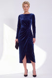 Navy Sheath Velvet Ruched Bateau Neck Mother Of The Bride Dress
