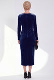 Navy Sheath Velvet Ruched Bateau Neck Mother Of The Bride Dress