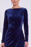 Navy Sheath Velvet Ruched Bateau Neck Mother Of The Bride Dress