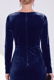 Navy Sheath Velvet Ruched Bateau Neck Mother Of The Bride Dress