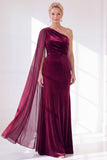 Burgundy One Shoulder Sheath Ruched Mother Of The Bride Dress with Side Cape