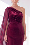Burgundy One Shoulder Sheath Ruched Mother Of The Bride Dress with Side Cape
