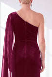 Burgundy One Shoulder Sheath Ruched Mother Of The Bride Dress with Side Cape