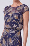 Navy Beaded Batueau A-Line Long Mother Of The Bride Dress