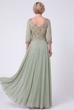 Navy Beaded A-Line V-Neck Long Mother Of The Bride Dress with Half Sleeves