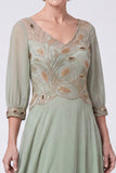 Navy Beaded A-Line V-Neck Long Mother Of The Bride Dress with Half Sleeves