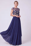 Navy A-Line Illusion Neck Beaded Long Mother Of The Bride Dress