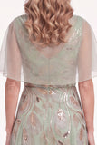 Navy Beaded Sequins A-Line Long Mother Of The Bride Dress with Cape