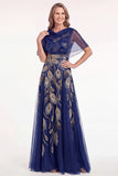 Navy Beaded Sequins A-Line Long Mother Of The Bride Dress with Cape