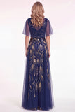 Navy Beaded Sequins A-Line Long Mother Of The Bride Dress with Cape