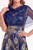 Navy Beaded Sequins A-Line Long Mother Of The Bride Dress with Cape