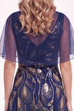 Navy Beaded Sequins A-Line Long Mother Of The Bride Dress with Cape