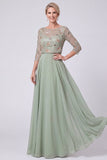 Navy A-Line Illusion Round Neck Beaded Long Mother Of The Bride Dress